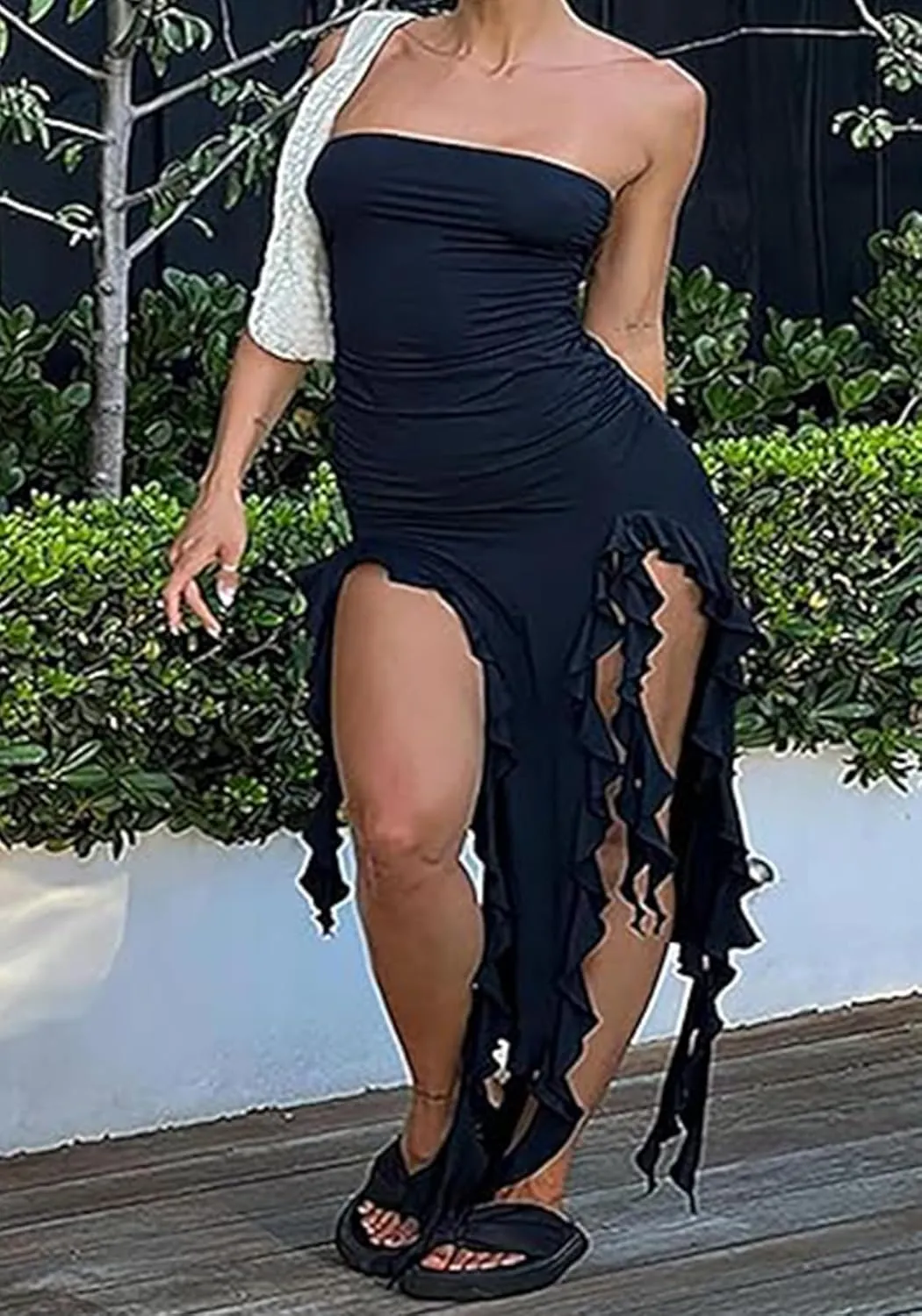 Ecirod Womens Spaghetti Strap High Slit Bodycon Maxi Dress Square Neck Backless Party Club Dresses