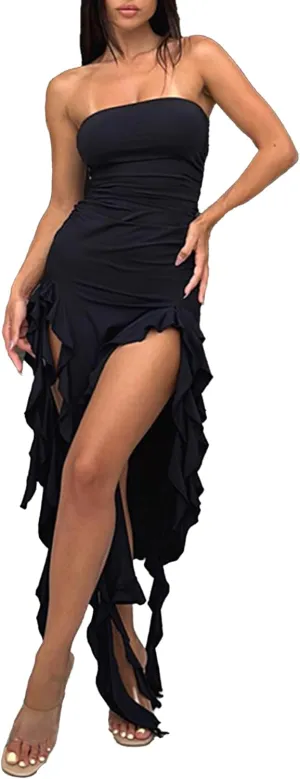 Ecirod Womens Spaghetti Strap High Slit Bodycon Maxi Dress Square Neck Backless Party Club Dresses