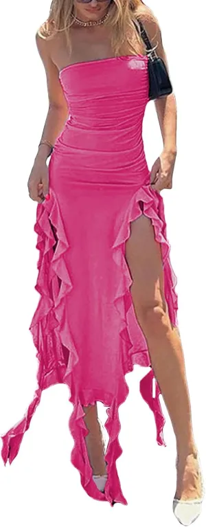 Ecirod Womens Spaghetti Strap High Slit Bodycon Maxi Dress Square Neck Backless Party Club Dresses