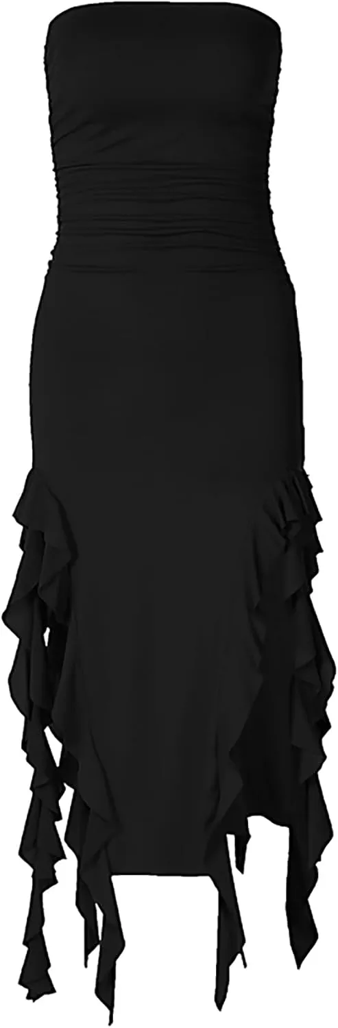 Ecirod Womens Spaghetti Strap High Slit Bodycon Maxi Dress Square Neck Backless Party Club Dresses