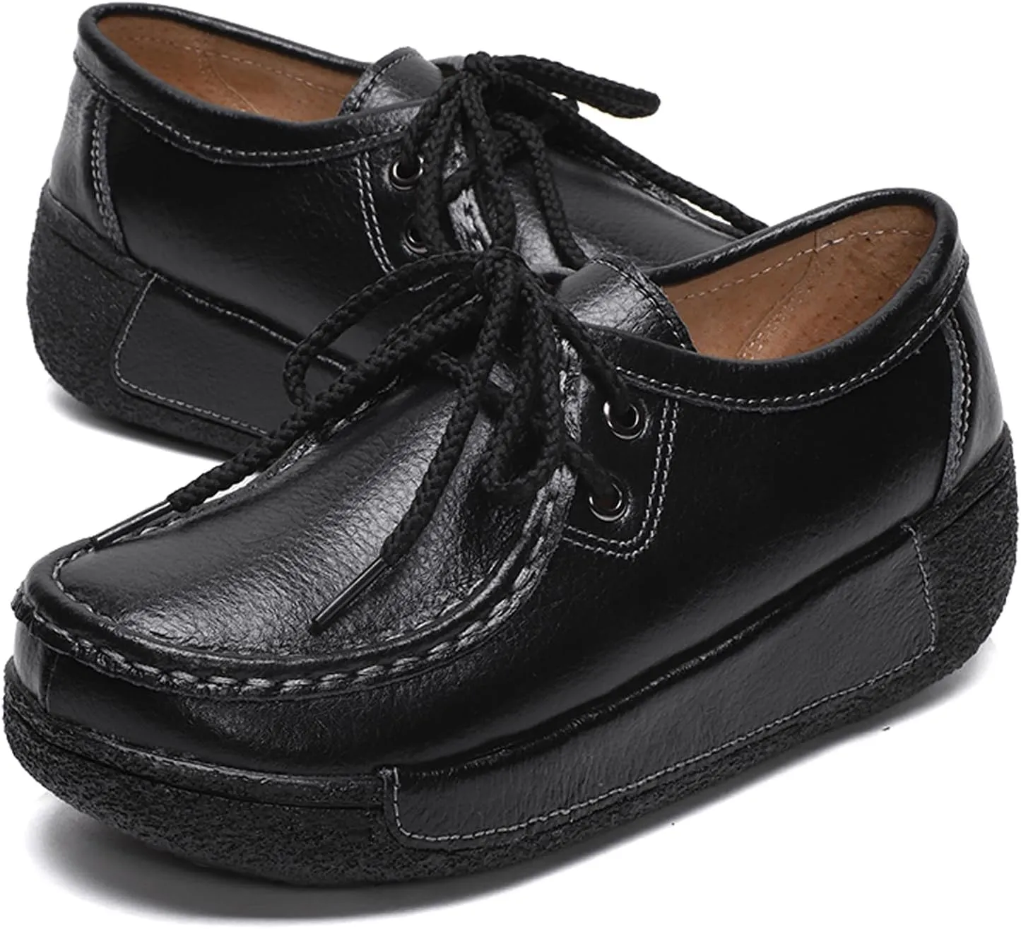 EFTCAL Women's Leather Lace Up Platform Sneakers Comfortable Round Toe Wedge Loafers Breathable Non-Slip Nurse Work Shoes with Arch Support,Rocker Shoes for Women
