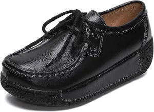 EFTCAL Women's Leather Lace Up Platform Sneakers Comfortable Round Toe Wedge Loafers Breathable Non-Slip Nurse Work Shoes with Arch Support,Rocker Shoes for Women