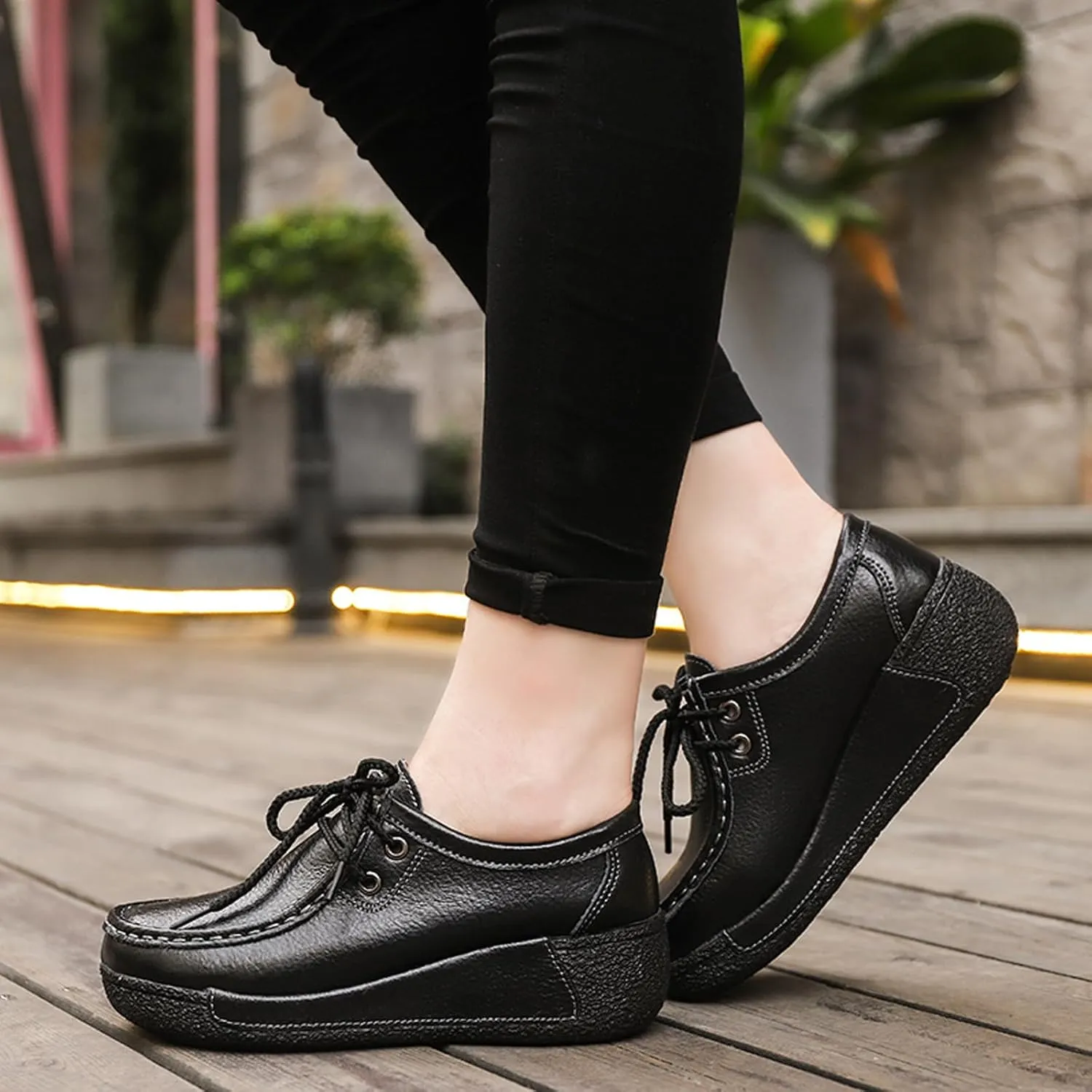 EFTCAL Women's Leather Lace Up Platform Sneakers Comfortable Round Toe Wedge Loafers Breathable Non-Slip Nurse Work Shoes with Arch Support,Rocker Shoes for Women