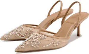 Embroidered Kitten Heels for Women Pointed Toe Mesh Floral Slingback Heeled Sandals With Pearl Slip On Backless Bridal Wedding Sandals Shoes