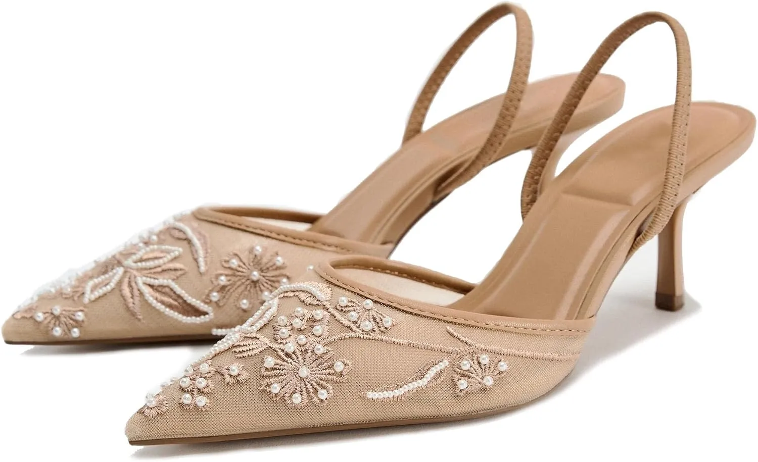 Embroidered Kitten Heels for Women Pointed Toe Mesh Floral Slingback Heeled Sandals With Pearl Slip On Backless Bridal Wedding Sandals Shoes