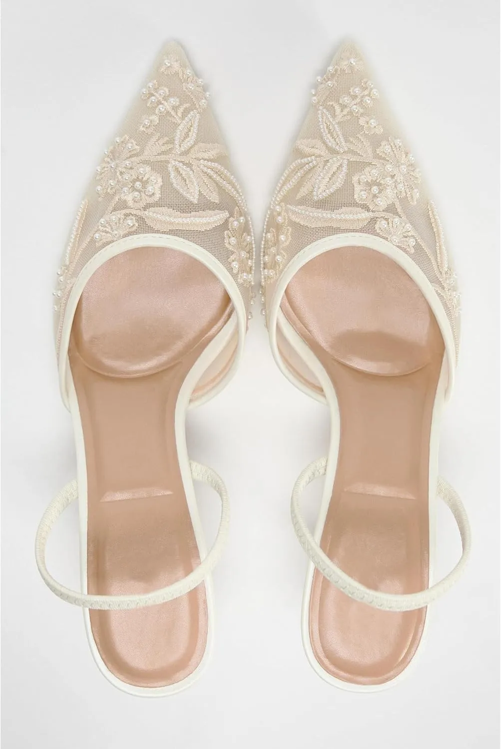 Embroidered Kitten Heels for Women Pointed Toe Mesh Floral Slingback Heeled Sandals With Pearl Slip On Backless Bridal Wedding Sandals Shoes