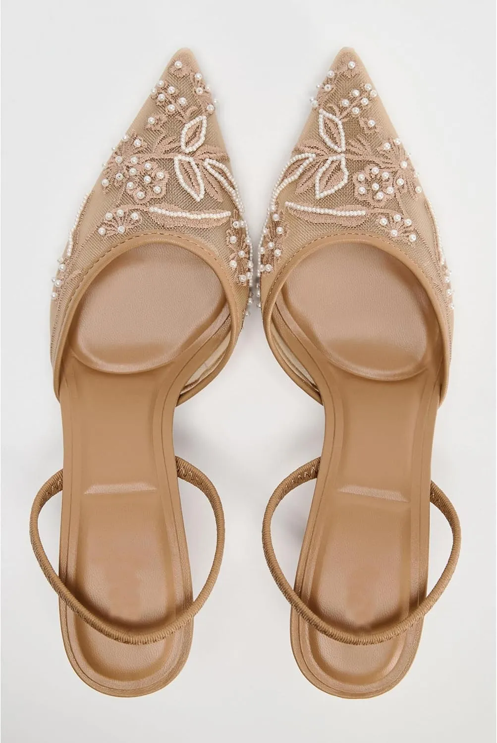 Embroidered Kitten Heels for Women Pointed Toe Mesh Floral Slingback Heeled Sandals With Pearl Slip On Backless Bridal Wedding Sandals Shoes