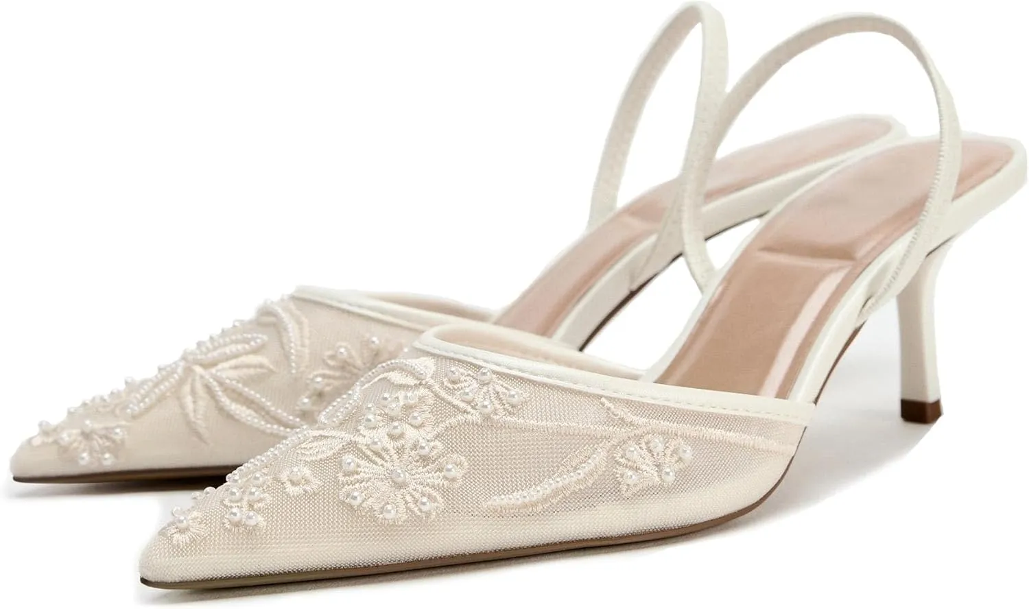 Embroidered Kitten Heels for Women Pointed Toe Mesh Floral Slingback Heeled Sandals With Pearl Slip On Backless Bridal Wedding Sandals Shoes