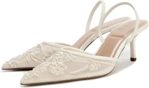 Embroidered Kitten Heels for Women Pointed Toe Mesh Floral Slingback Heeled Sandals With Pearl Slip On Backless Bridal Wedding Sandals Shoes