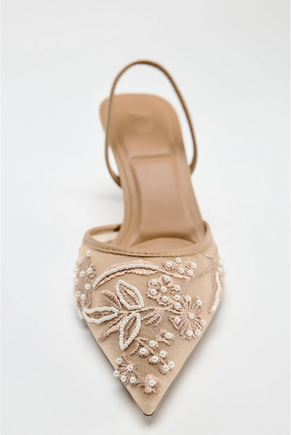Embroidered Kitten Heels for Women Pointed Toe Mesh Floral Slingback Heeled Sandals With Pearl Slip On Backless Bridal Wedding Sandals Shoes