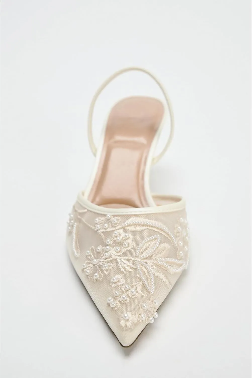 Embroidered Kitten Heels for Women Pointed Toe Mesh Floral Slingback Heeled Sandals With Pearl Slip On Backless Bridal Wedding Sandals Shoes