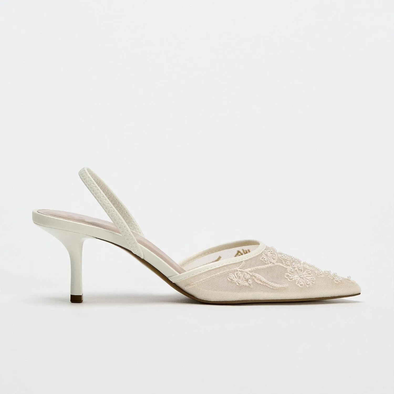 Embroidered Kitten Heels for Women Pointed Toe Mesh Floral Slingback Heeled Sandals With Pearl Slip On Backless Bridal Wedding Sandals Shoes