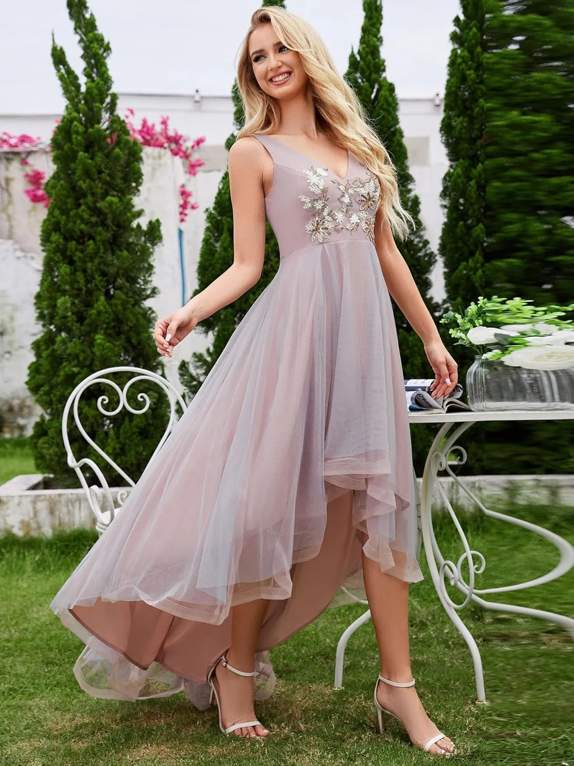 Ever-Pretty Women's Sexy V-Neck Sleeveless Empire Waist Flowy Applique Tulle Bridesmaid Dresses S0052