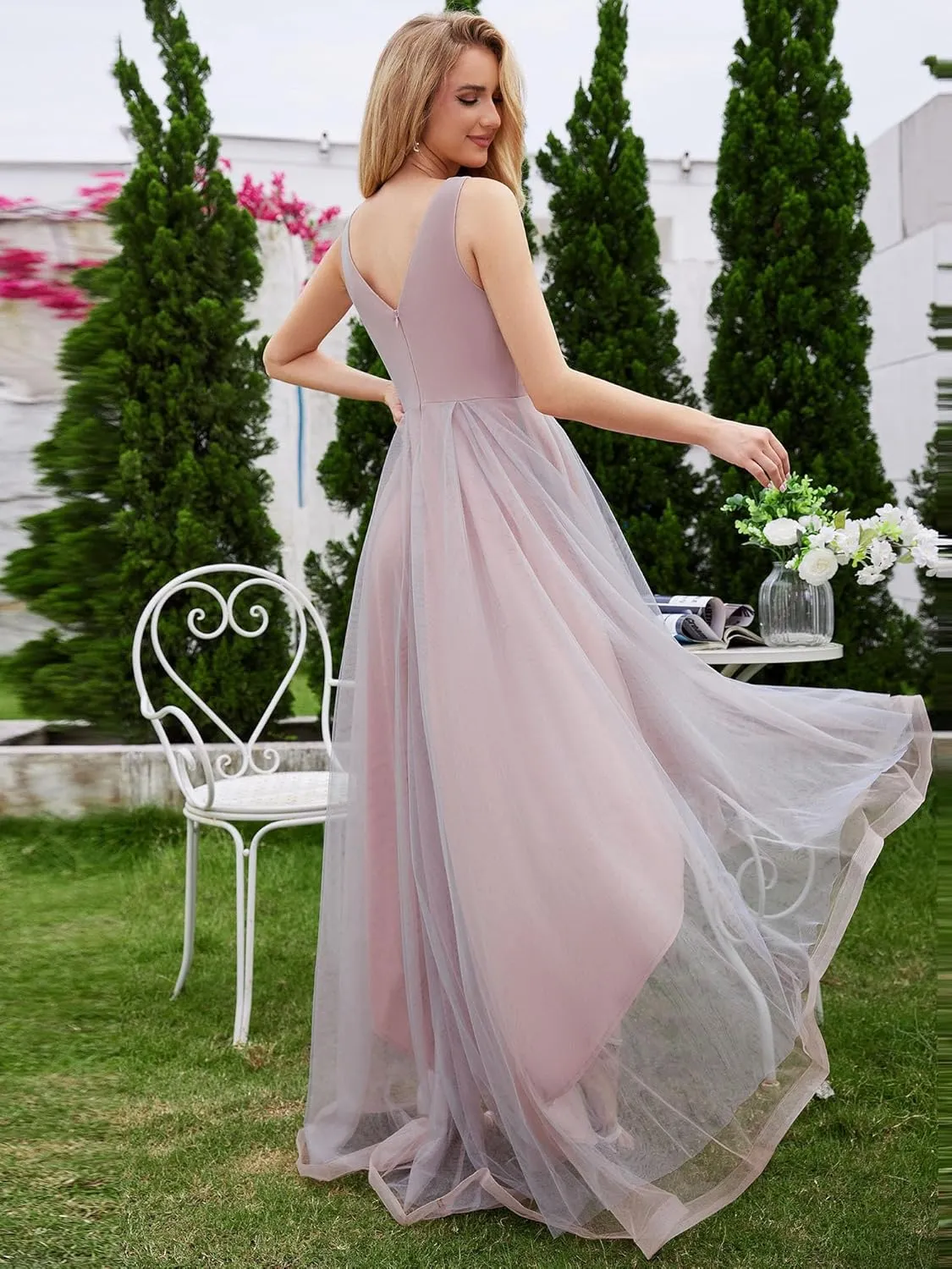 Ever-Pretty Women's Sexy V-Neck Sleeveless Empire Waist Flowy Applique Tulle Bridesmaid Dresses S0052