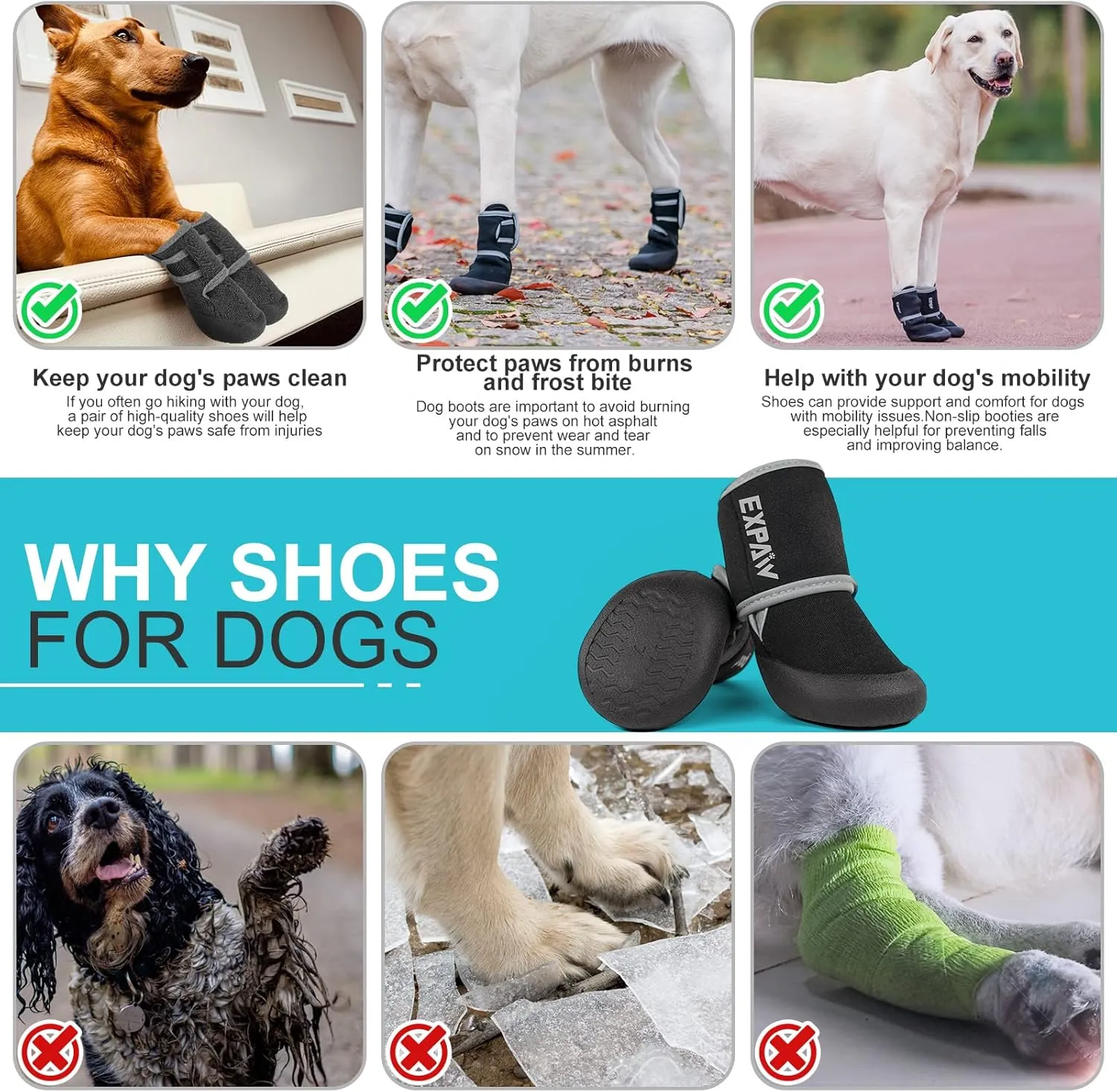 EXPAWLORER Waterproof Dog Shoes for Small Medium Large Dogs, Dog Shoes for Hot Pavement, Hiking Walking, Reflective Dog Booties for Outdoor Snow Rain Days, Anti-Slip Dog Boots & Paw Protectors
