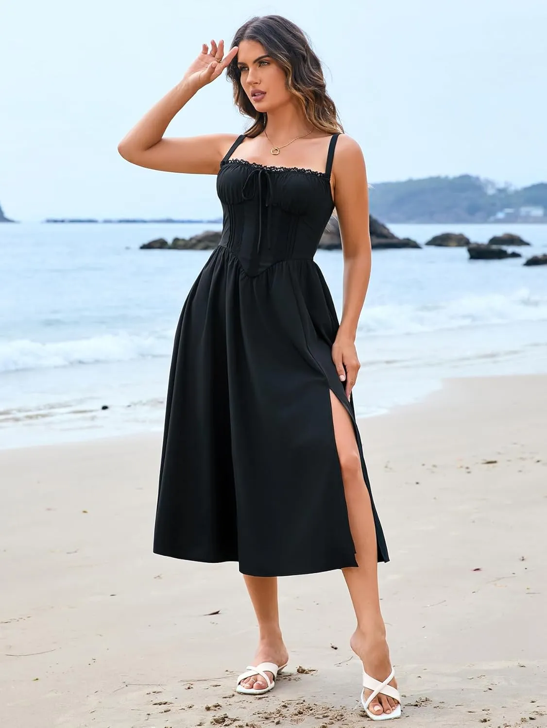 EYNMIN Women's Summer Casual Midi Dress Smocked Sleeveless Flowy Slit A Line Beach Sundresses