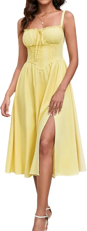 EYNMIN Women's Summer Casual Midi Dress Smocked Sleeveless Flowy Slit A Line Beach Sundresses