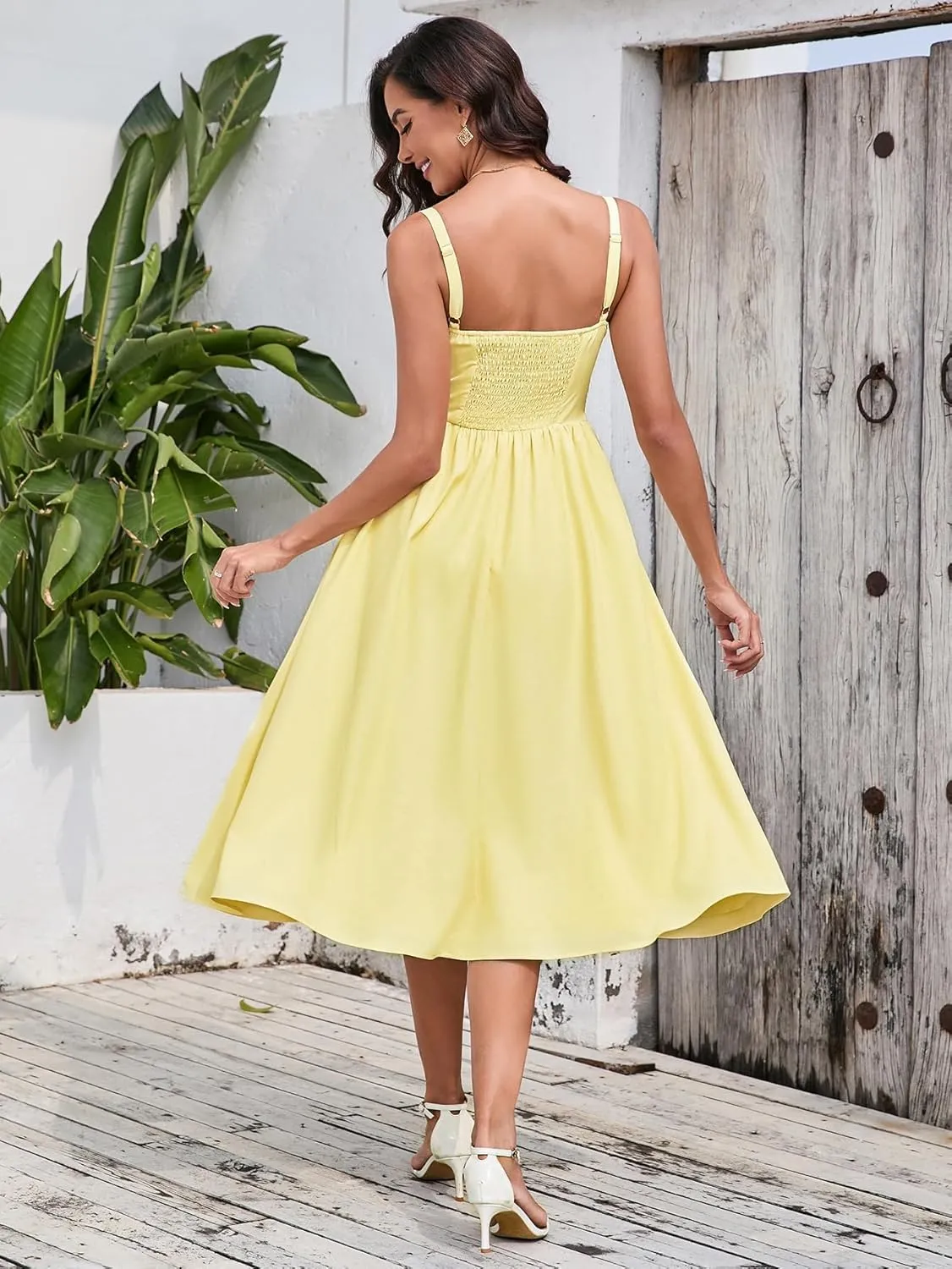 EYNMIN Women's Summer Casual Midi Dress Smocked Sleeveless Flowy Slit A Line Beach Sundresses