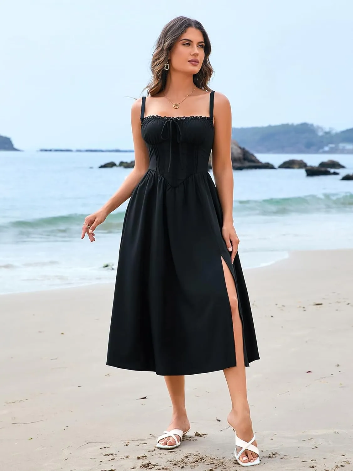 EYNMIN Women's Summer Casual Midi Dress Smocked Sleeveless Flowy Slit A Line Beach Sundresses
