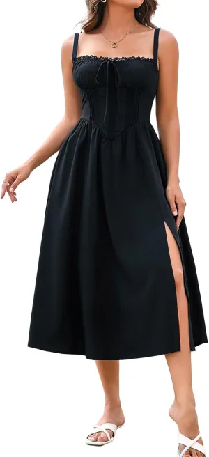 EYNMIN Women's Summer Casual Midi Dress Smocked Sleeveless Flowy Slit A Line Beach Sundresses
