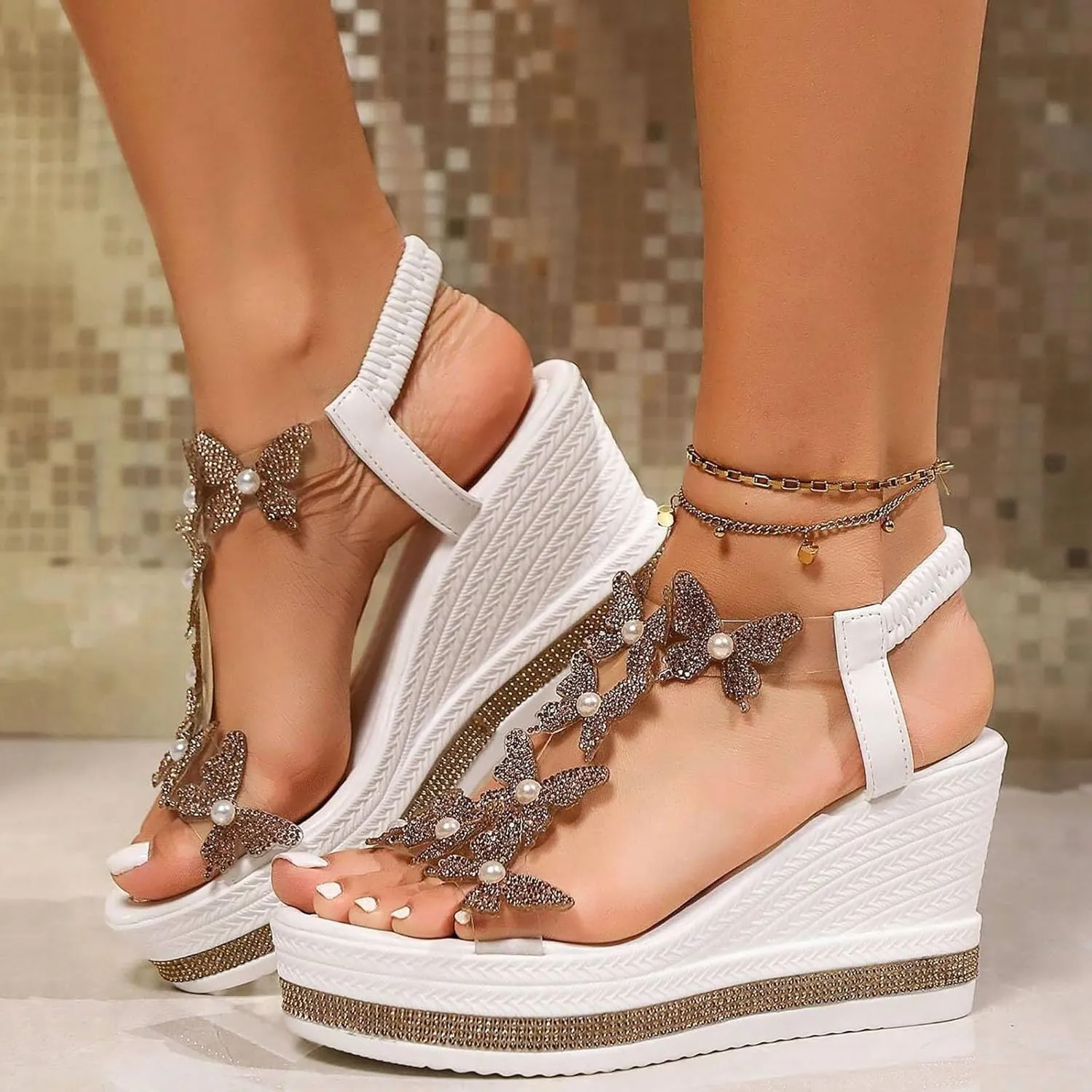 Fashion Women's Comfort Wedge Sandals With Bow Decoration And Rhinestone Detail Casual Roman Women Wedge Sandals Size 11