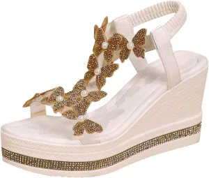 Fashion Women's Comfort Wedge Sandals With Bow Decoration And Rhinestone Detail Casual Roman Women Wedge Sandals Size 11