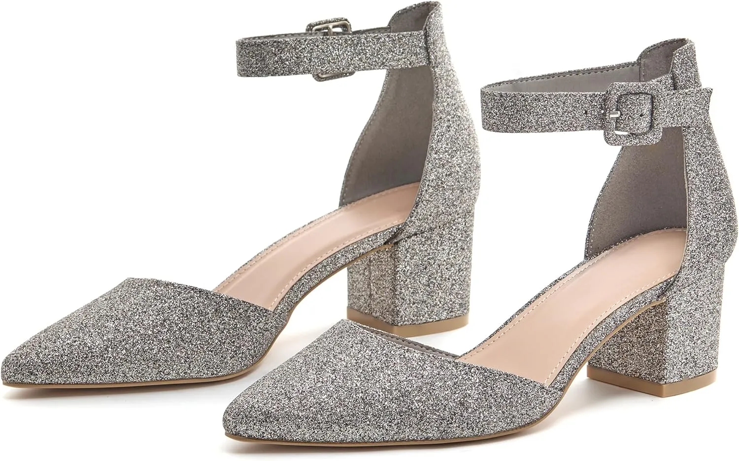 FISACE Womens Low Mid Square Heel Ankle Strap Sandal Office Ladies Pointed Toe Pumps Shoes