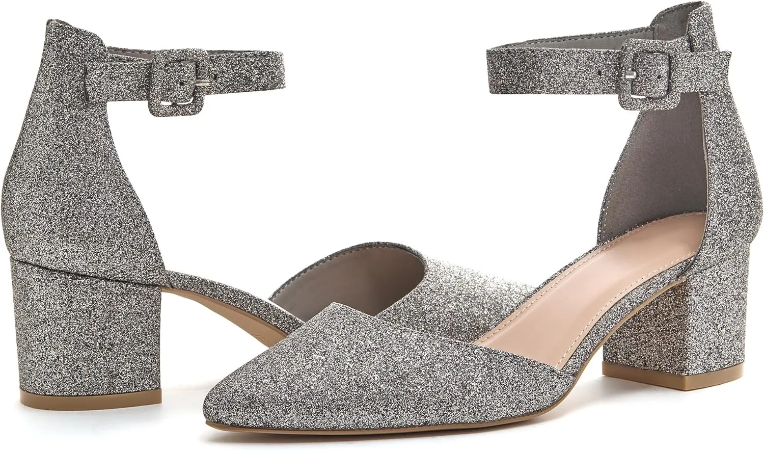 FISACE Womens Low Mid Square Heel Ankle Strap Sandal Office Ladies Pointed Toe Pumps Shoes