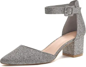 FISACE Womens Low Mid Square Heel Ankle Strap Sandal Office Ladies Pointed Toe Pumps Shoes