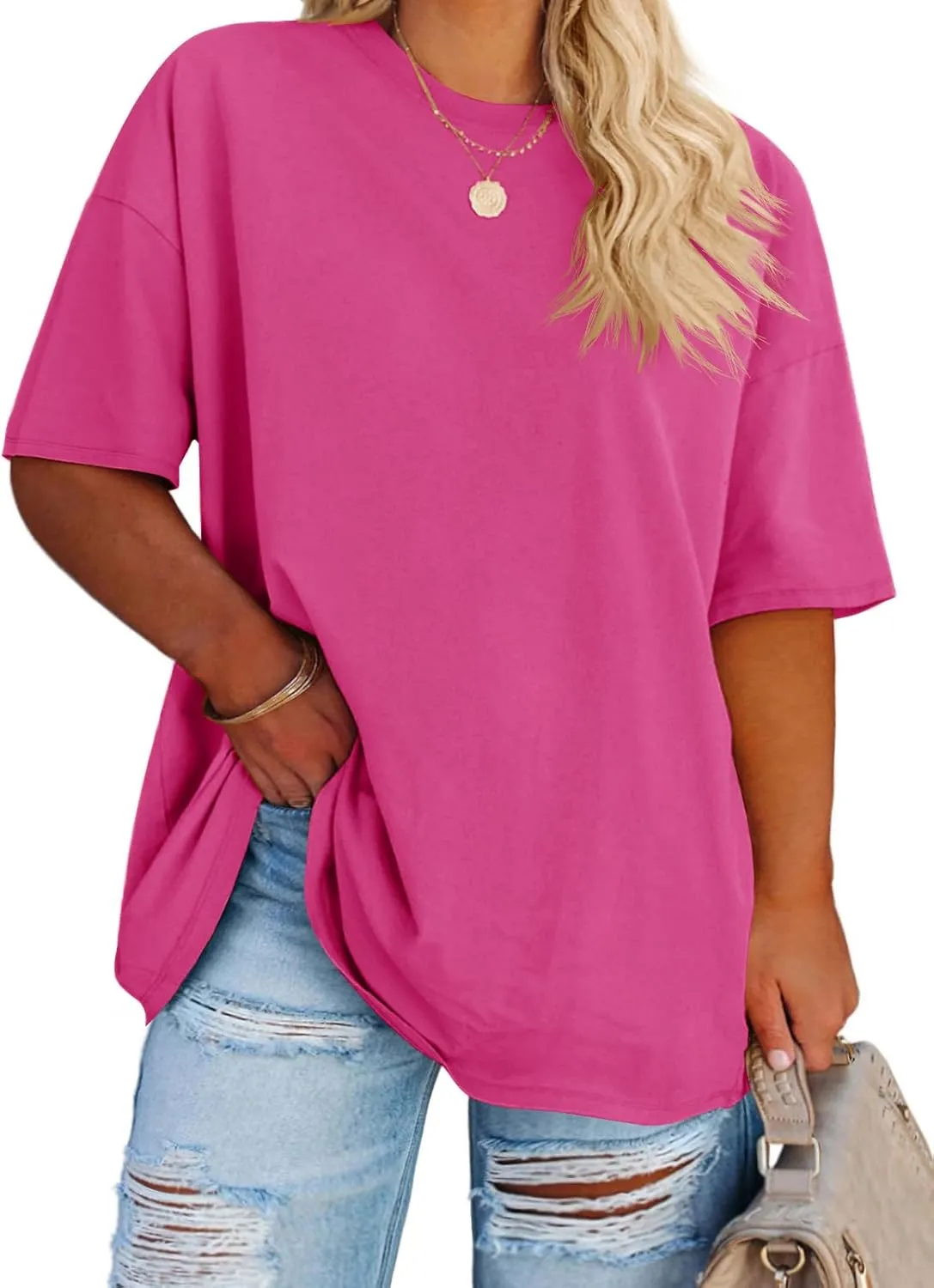 Fisoew Women's Plus Size T Shirts Oversized Tees Summer Half Sleeve Crew Neck Tunic Tops