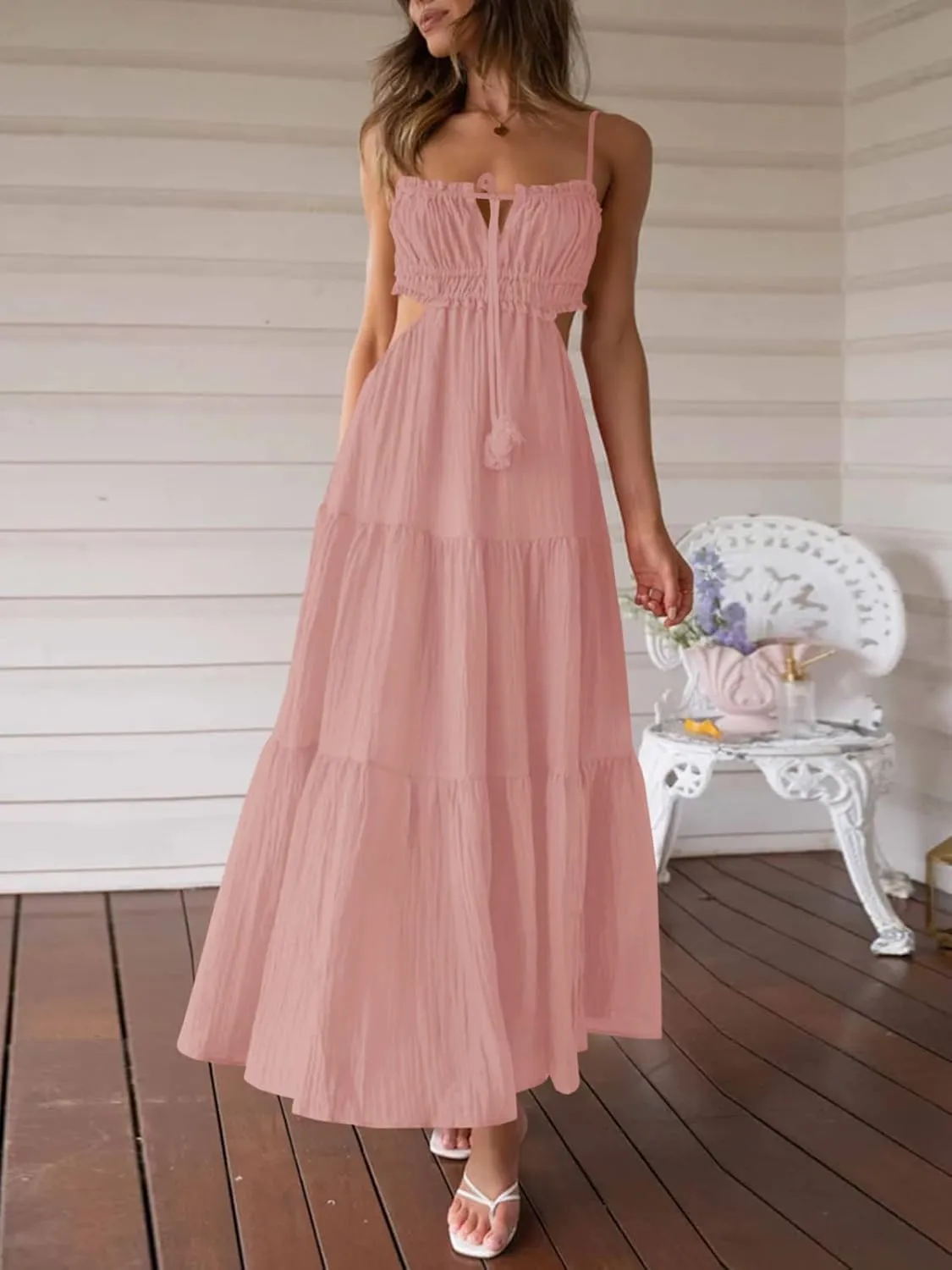 Fisoew Women's Spaghetti Strap Maxi Dress Summer Sleeveless Side Cut Out Dress Casual Boho Backless Flowy Long Dresses