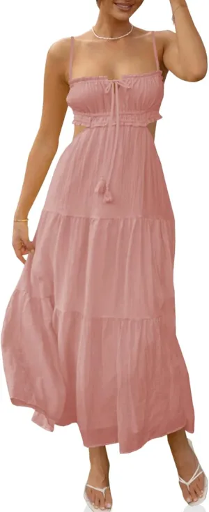 Fisoew Women's Spaghetti Strap Maxi Dress Summer Sleeveless Side Cut Out Dress Casual Boho Backless Flowy Long Dresses