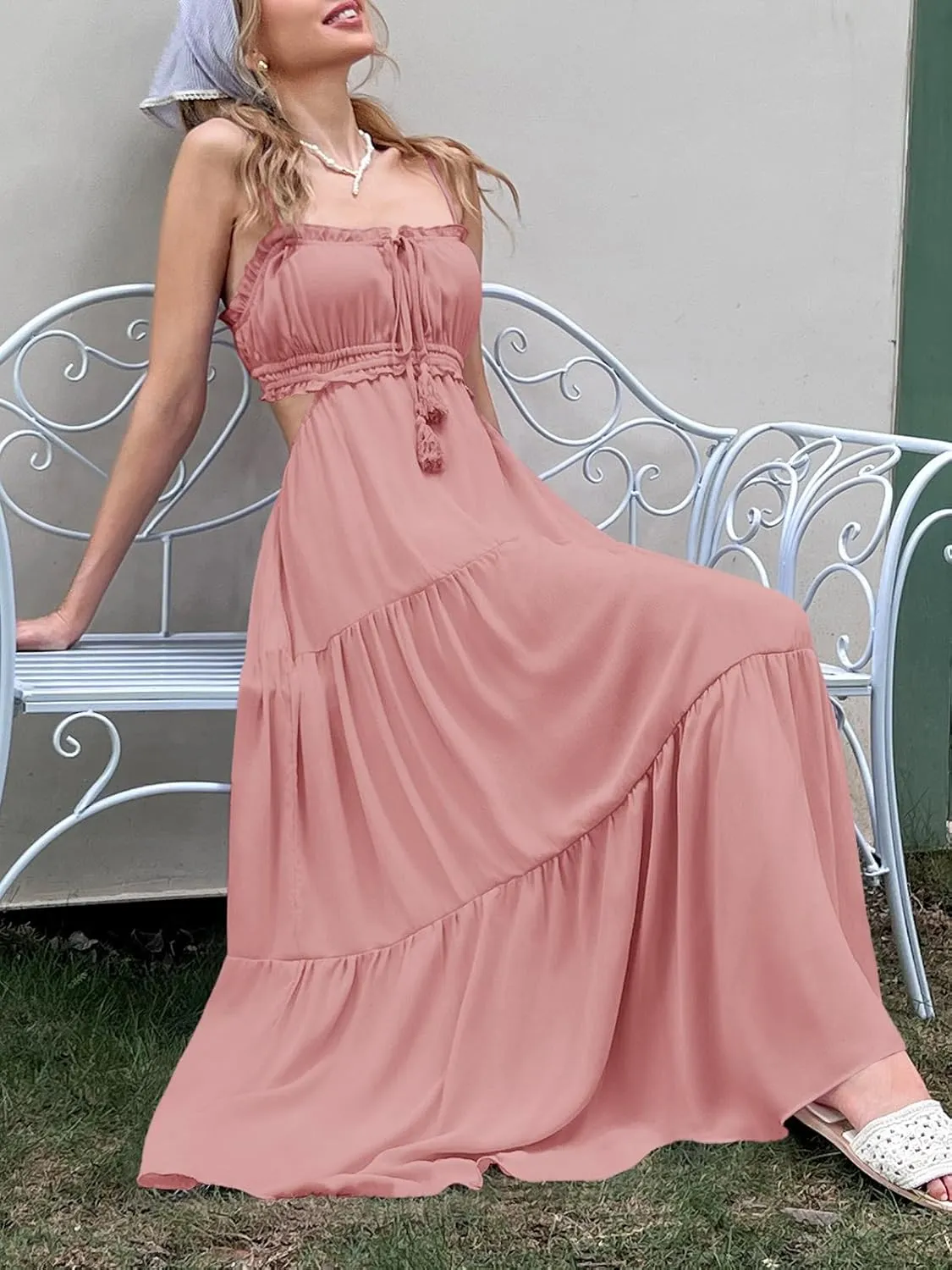 Fisoew Women's Spaghetti Strap Maxi Dress Summer Sleeveless Side Cut Out Dress Casual Boho Backless Flowy Long Dresses