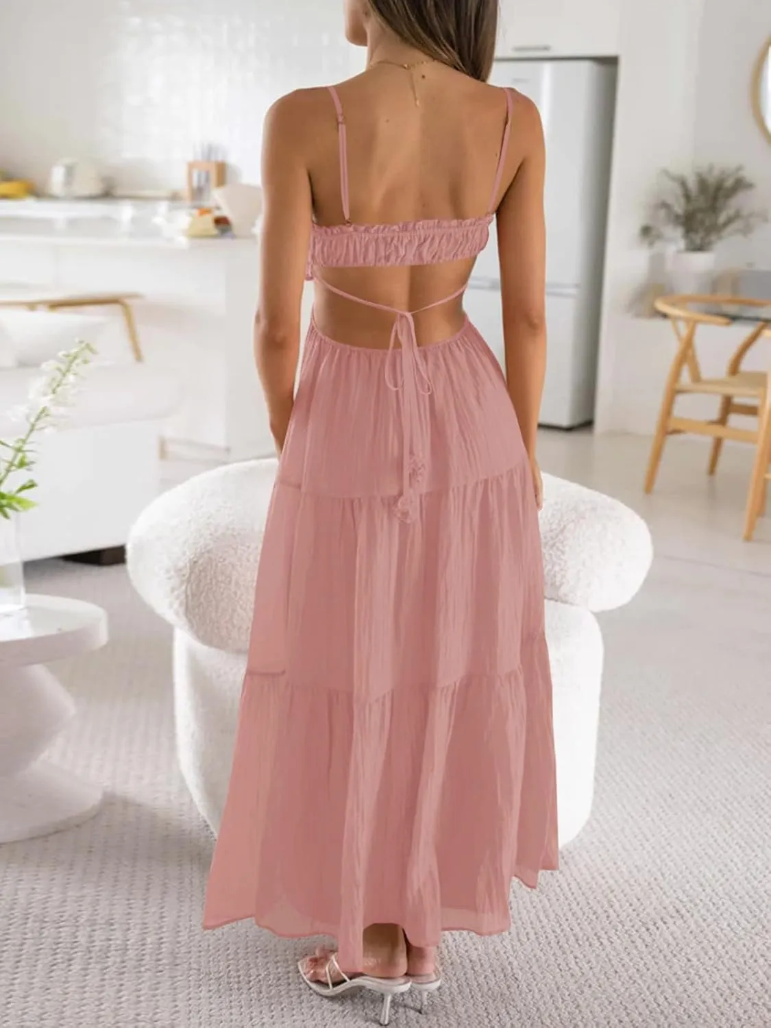 Fisoew Women's Spaghetti Strap Maxi Dress Summer Sleeveless Side Cut Out Dress Casual Boho Backless Flowy Long Dresses
