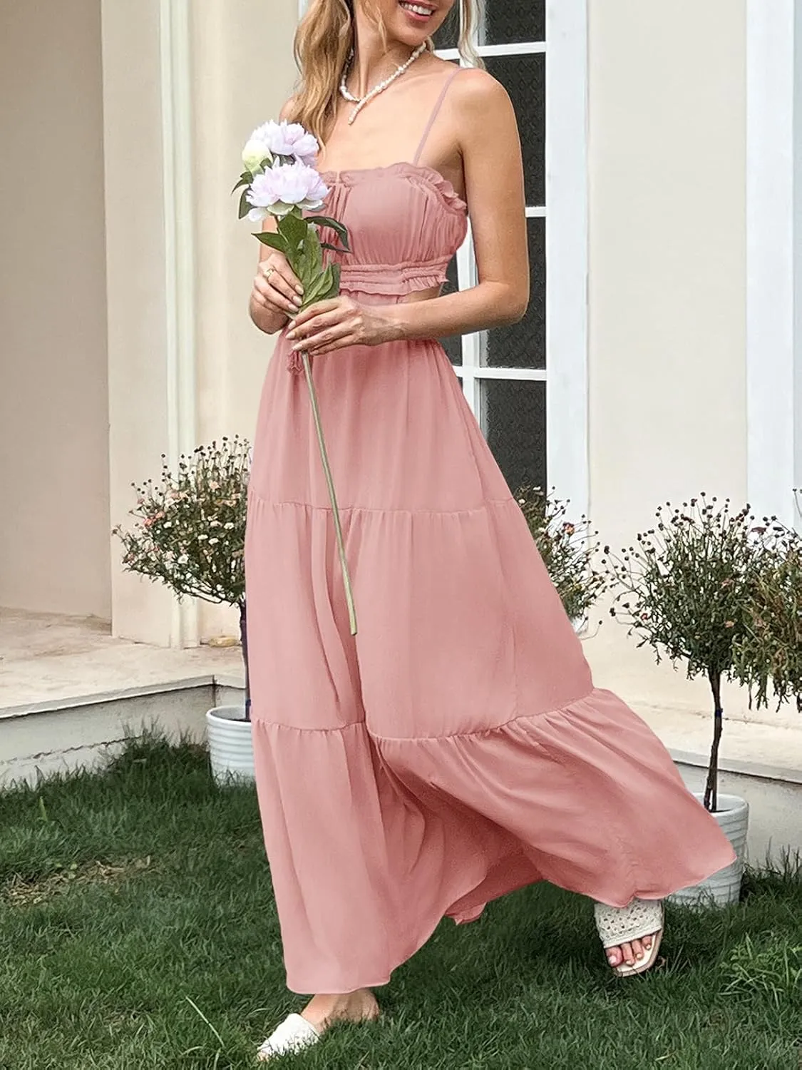 Fisoew Women's Spaghetti Strap Maxi Dress Summer Sleeveless Side Cut Out Dress Casual Boho Backless Flowy Long Dresses