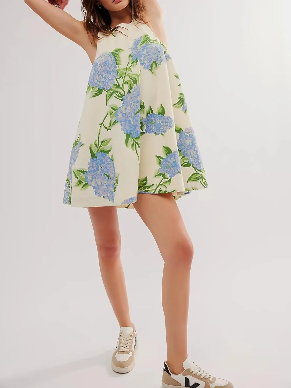 Floral Sleeveless Backless Mini Dress for Women Summer Loose Swing Flowy Sundress with Pockets