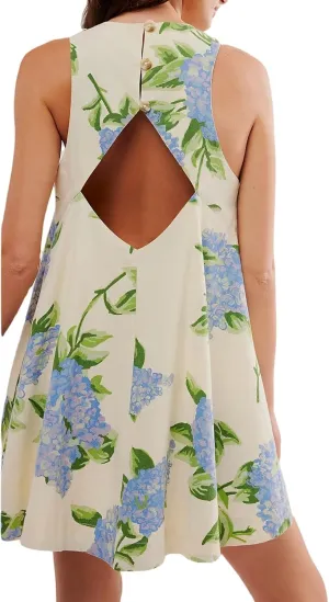 Floral Sleeveless Backless Mini Dress for Women Summer Loose Swing Flowy Sundress with Pockets