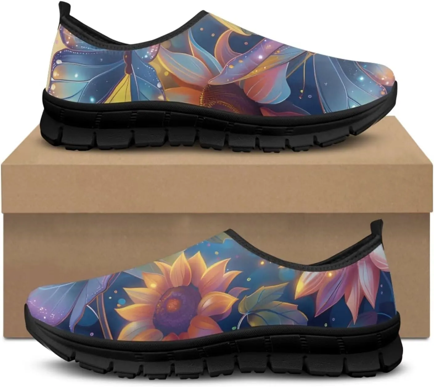 Flowers Print Mesh Shoes for Women Breathable Non-Slip Casual Loafers Fashion Running Hikking Sneaker for Outdoor