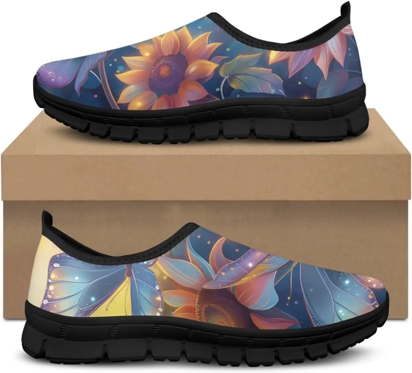 Flowers Print Mesh Shoes for Women Breathable Non-Slip Casual Loafers Fashion Running Hikking Sneaker for Outdoor