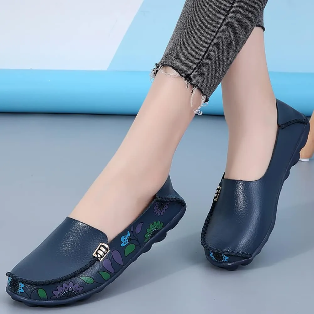 FolHaoth Women's Comfortable Leather Loafers Floral Print Slip On Moccasins Flats Casual Shoes for Women Round Toe Walking Nurse Breathable Driving Fashion Soft Shoes