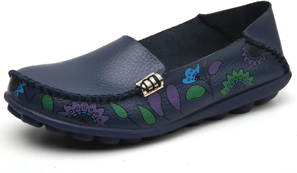 FolHaoth Women's Comfortable Leather Loafers Floral Print Slip On Moccasins Flats Casual Shoes for Women Round Toe Walking Nurse Breathable Driving Fashion Soft Shoes