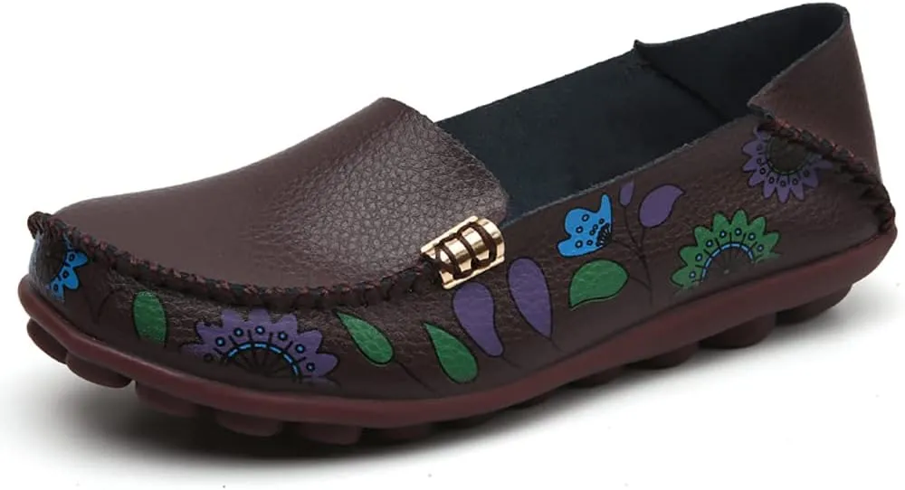 FolHaoth Women's Comfortable Leather Loafers Floral Print Slip On Moccasins Flats Casual Shoes for Women Round Toe Walking Nurse Breathable Driving Fashion Soft Shoes