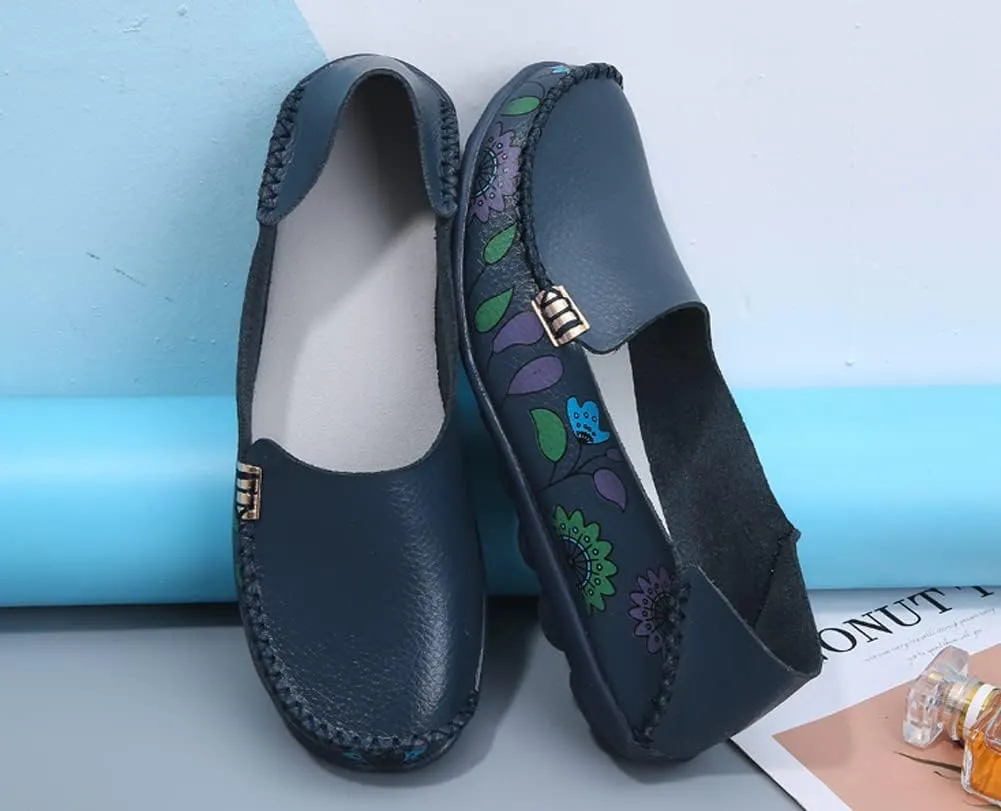 FolHaoth Women's Comfortable Leather Loafers Floral Print Slip On Moccasins Flats Casual Shoes for Women Round Toe Walking Nurse Breathable Driving Fashion Soft Shoes
