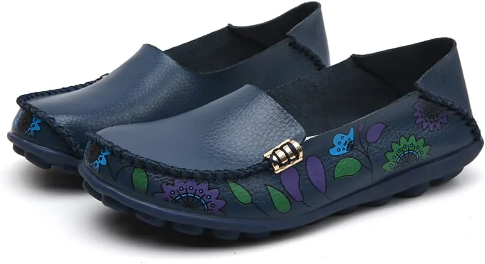 FolHaoth Women's Comfortable Leather Loafers Floral Print Slip On Moccasins Flats Casual Shoes for Women Round Toe Walking Nurse Breathable Driving Fashion Soft Shoes