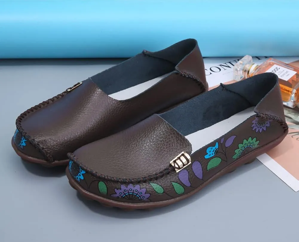 FolHaoth Women's Comfortable Leather Loafers Floral Print Slip On Moccasins Flats Casual Shoes for Women Round Toe Walking Nurse Breathable Driving Fashion Soft Shoes