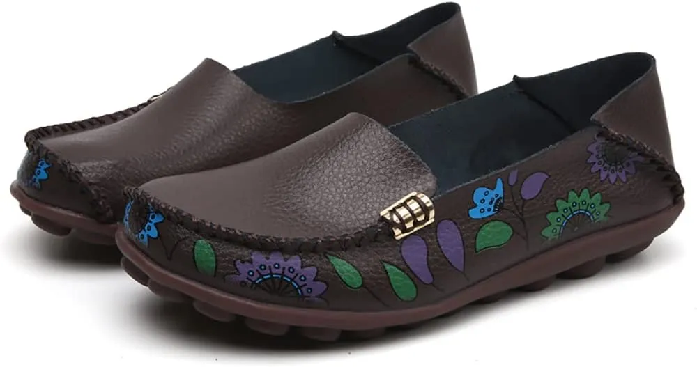 FolHaoth Women's Comfortable Leather Loafers Floral Print Slip On Moccasins Flats Casual Shoes for Women Round Toe Walking Nurse Breathable Driving Fashion Soft Shoes