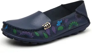 FolHaoth Women's Comfortable Leather Loafers Floral Print Slip On Moccasins Flats Casual Shoes for Women Round Toe Walking Nurse Breathable Driving Fashion Soft Shoes
