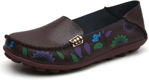 FolHaoth Women's Comfortable Leather Loafers Floral Print Slip On Moccasins Flats Casual Shoes for Women Round Toe Walking Nurse Breathable Driving Fashion Soft Shoes