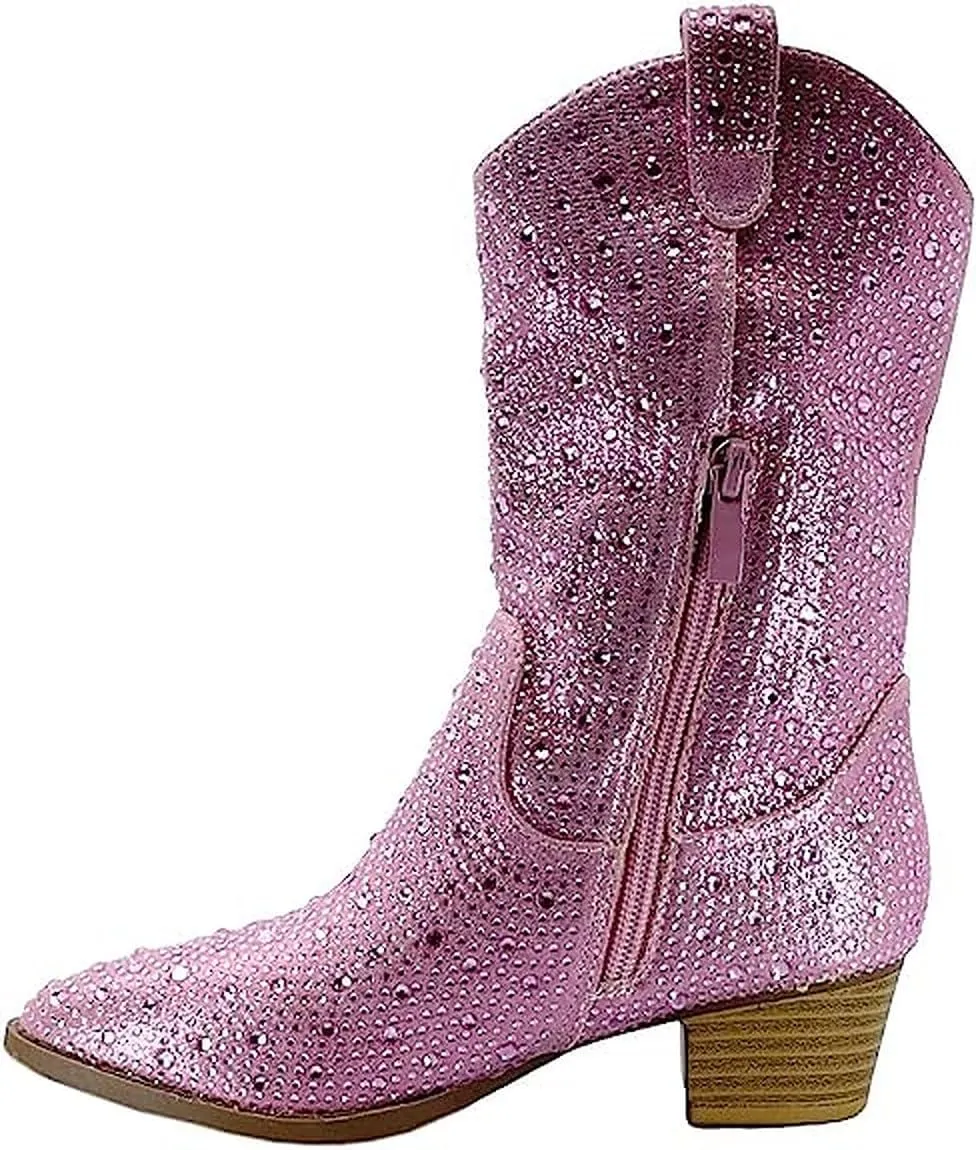 Forever Girls/Kids Rhinestone Western Cowgirl Cowboy Pointed Toe Low Heel Boots