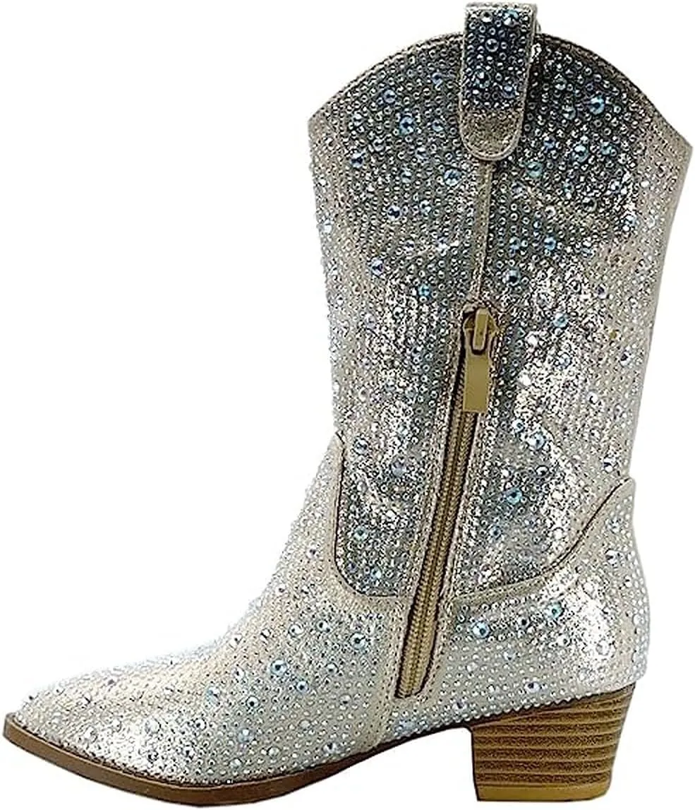 Forever Girls/Kids Rhinestone Western Cowgirl Cowboy Pointed Toe Low Heel Boots